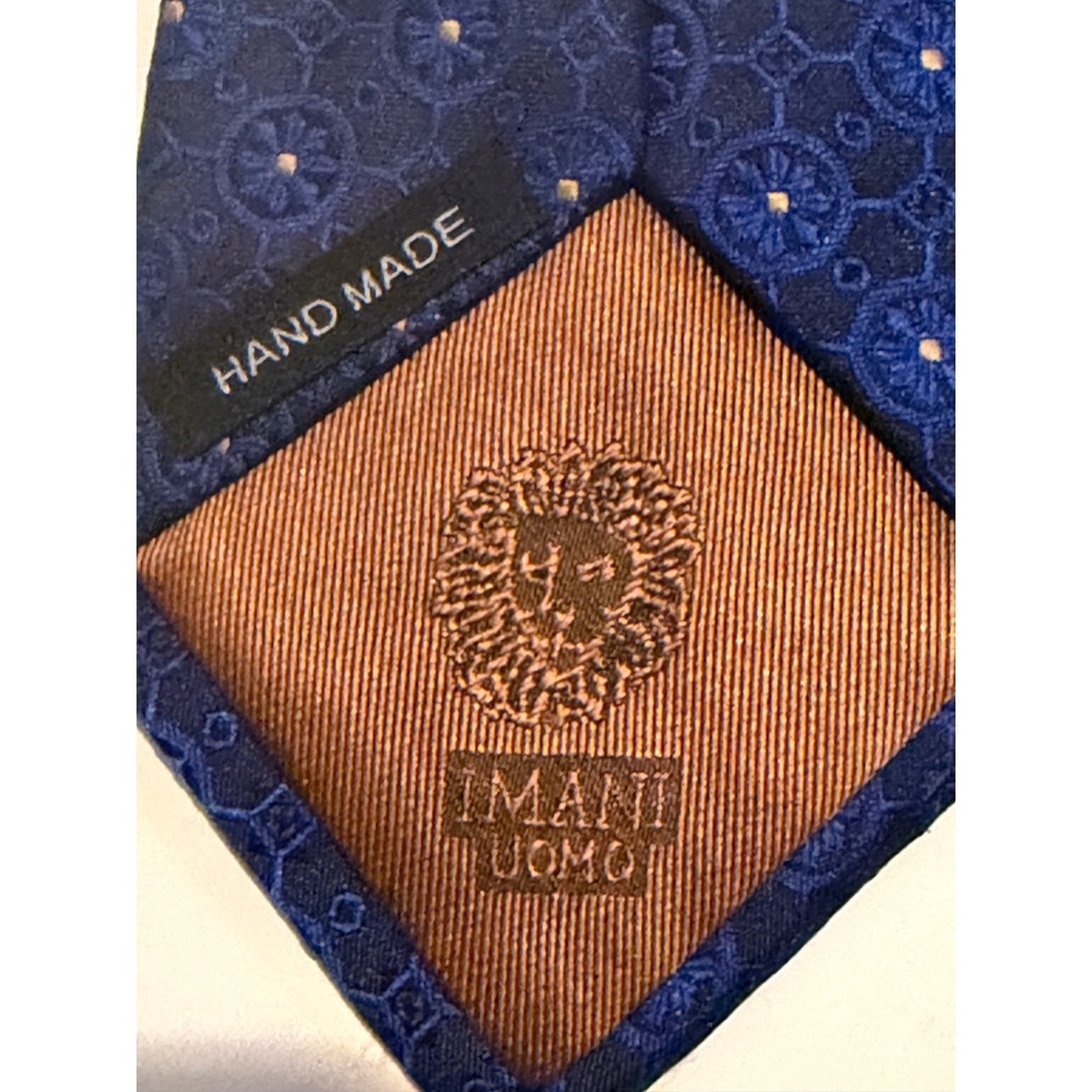 Imani Uomo Navy Blue Geometric Floral Medallion Silk Touch Hand Made Tie T7578 - Picture 5 of 6